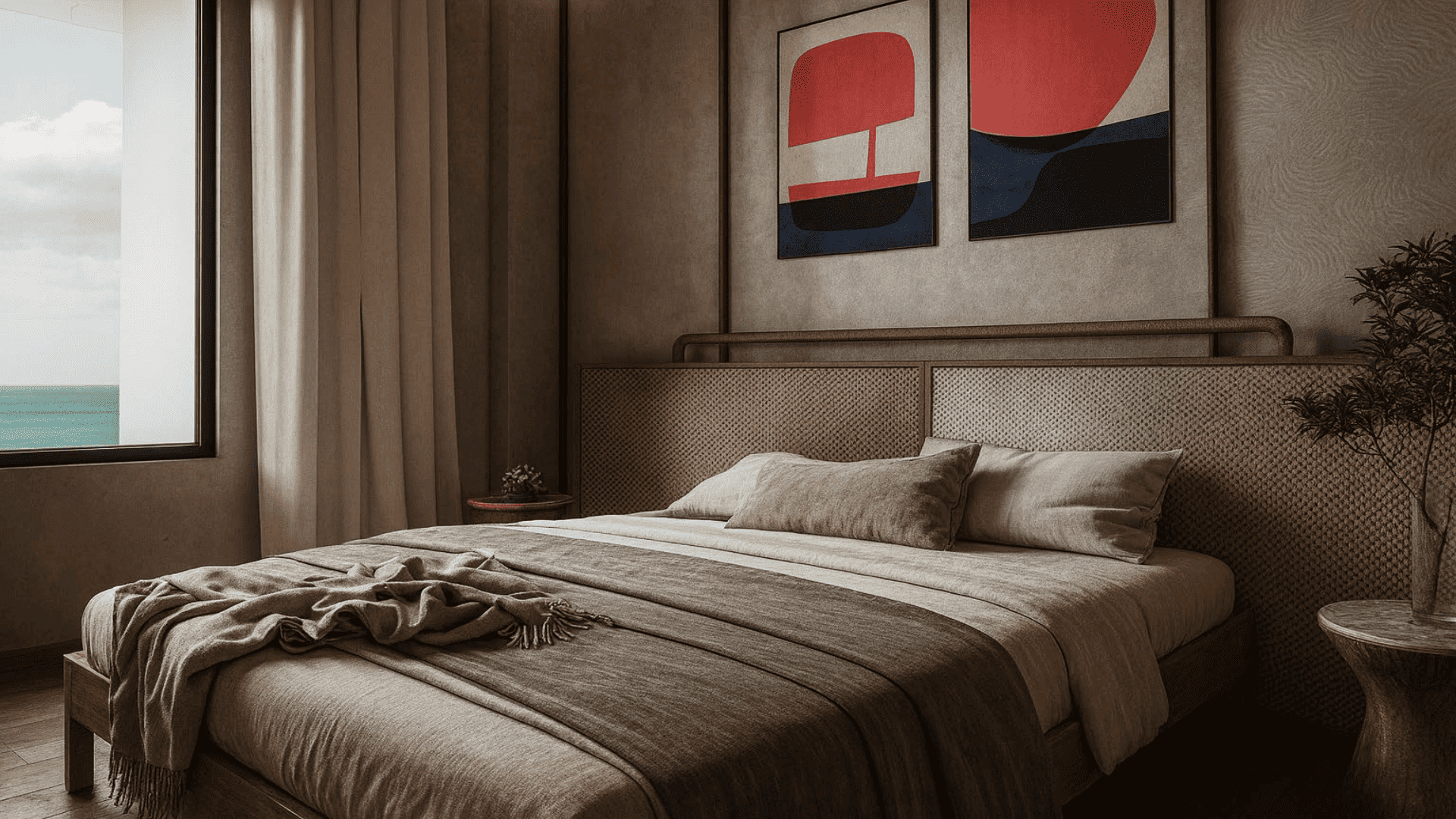 Bedroom interior of L’Aquila Residences Type F with modern design natural tones and window in Aruba