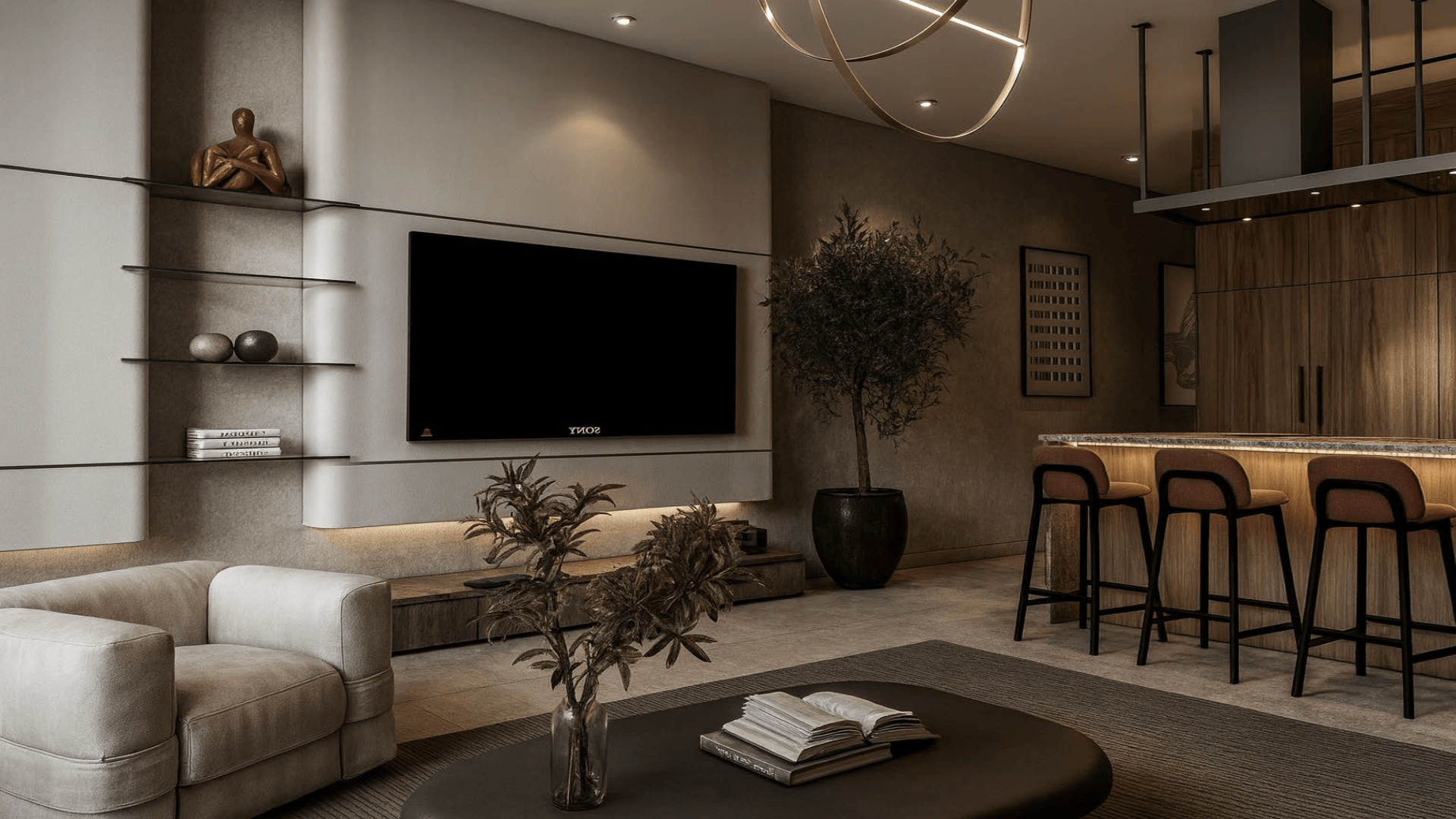 Open plan living room and kitchen in L’Aquila Residences Type F with modern finishes and bar seating in Aruba