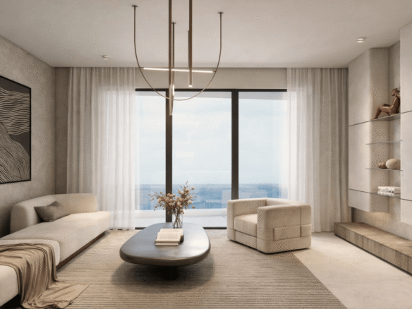 Living room of L’Aquila Residences Type F with modern furniture large windows and ocean view in Aruba