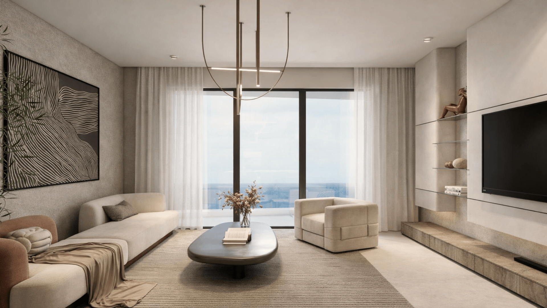 Living room of L’Aquila Residences Type F with modern furniture large windows and ocean view in Aruba