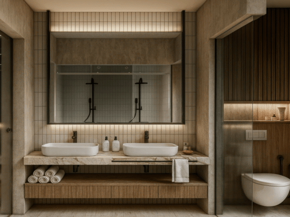 Bathroom in L’Aquila Residences Type G with double sink vanity mirror lighting and modern finishes in Aruba