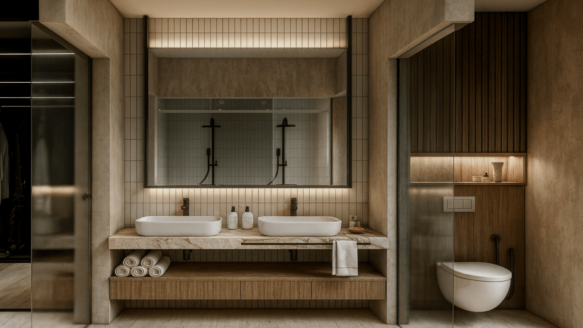 Bathroom in L’Aquila Residences Type G with double sink vanity mirror lighting and modern finishes in Aruba