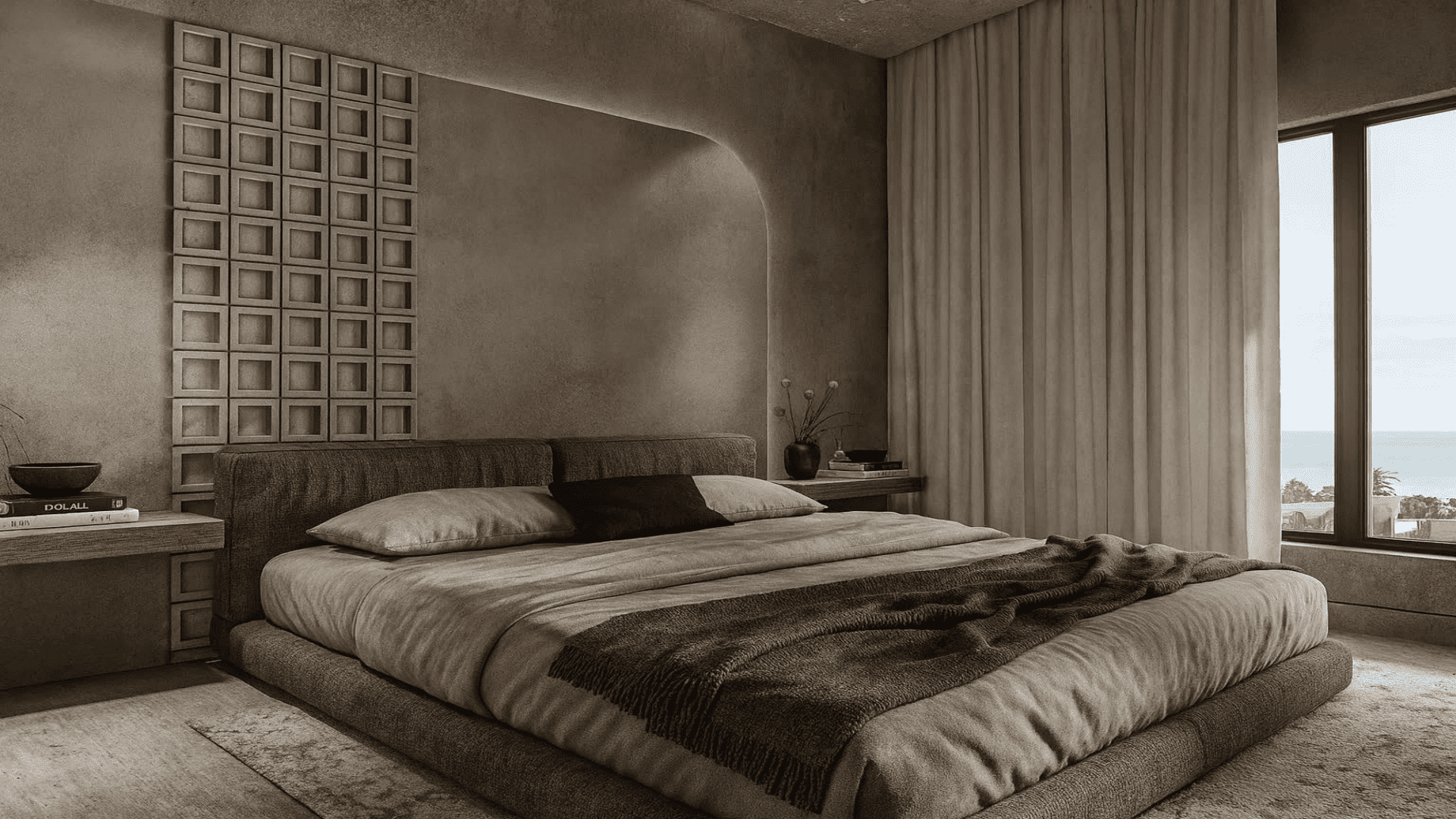 Bedroom interior of L’Aquila Residences Type G with modern design neutral tones and window in Aruba
