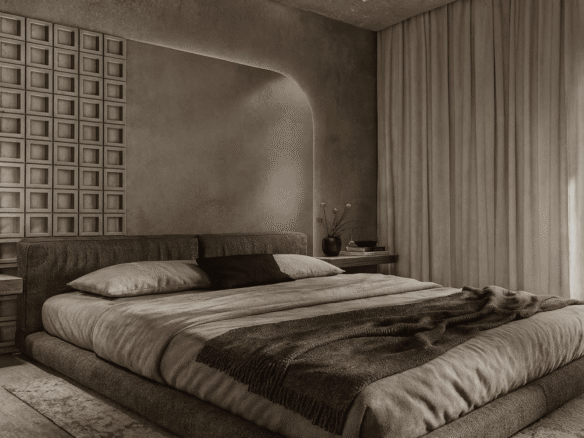 Bedroom interior of L’Aquila Residences Unit 707 Type G with modern design neutral tones and window in Aruba