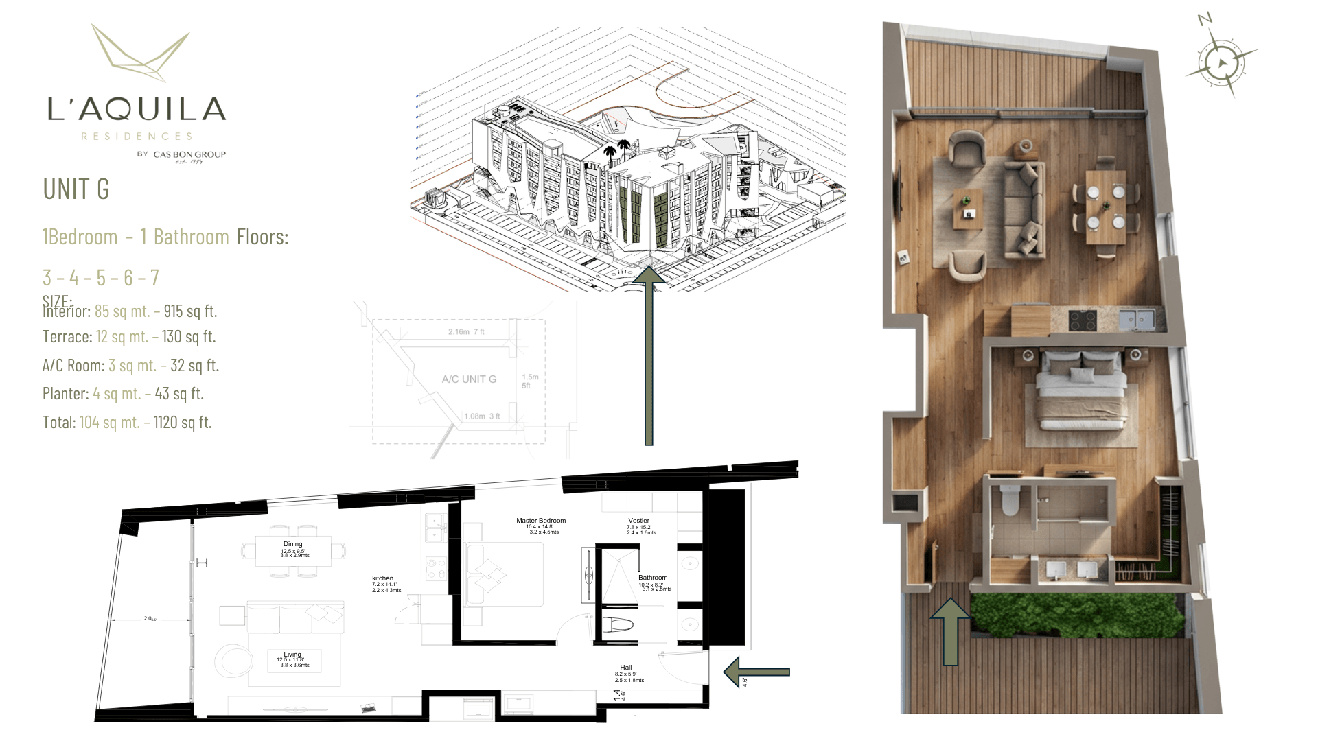 Floor plan of L’Aquila Residences Unit 707 Type G showing 1 bedroom 1 bathroom layout with living area kitchen and terrace
