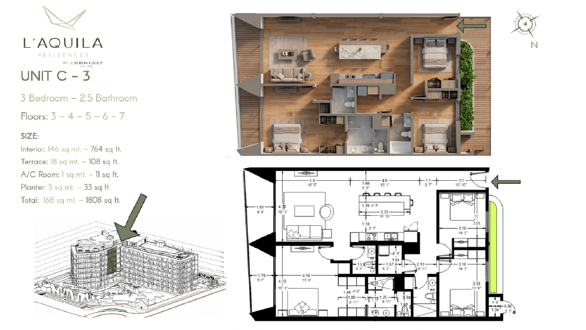 Floor plan of L’Aquila Residences Unit 310 Type C-3 showing 3 bed condominium layout in Aruba