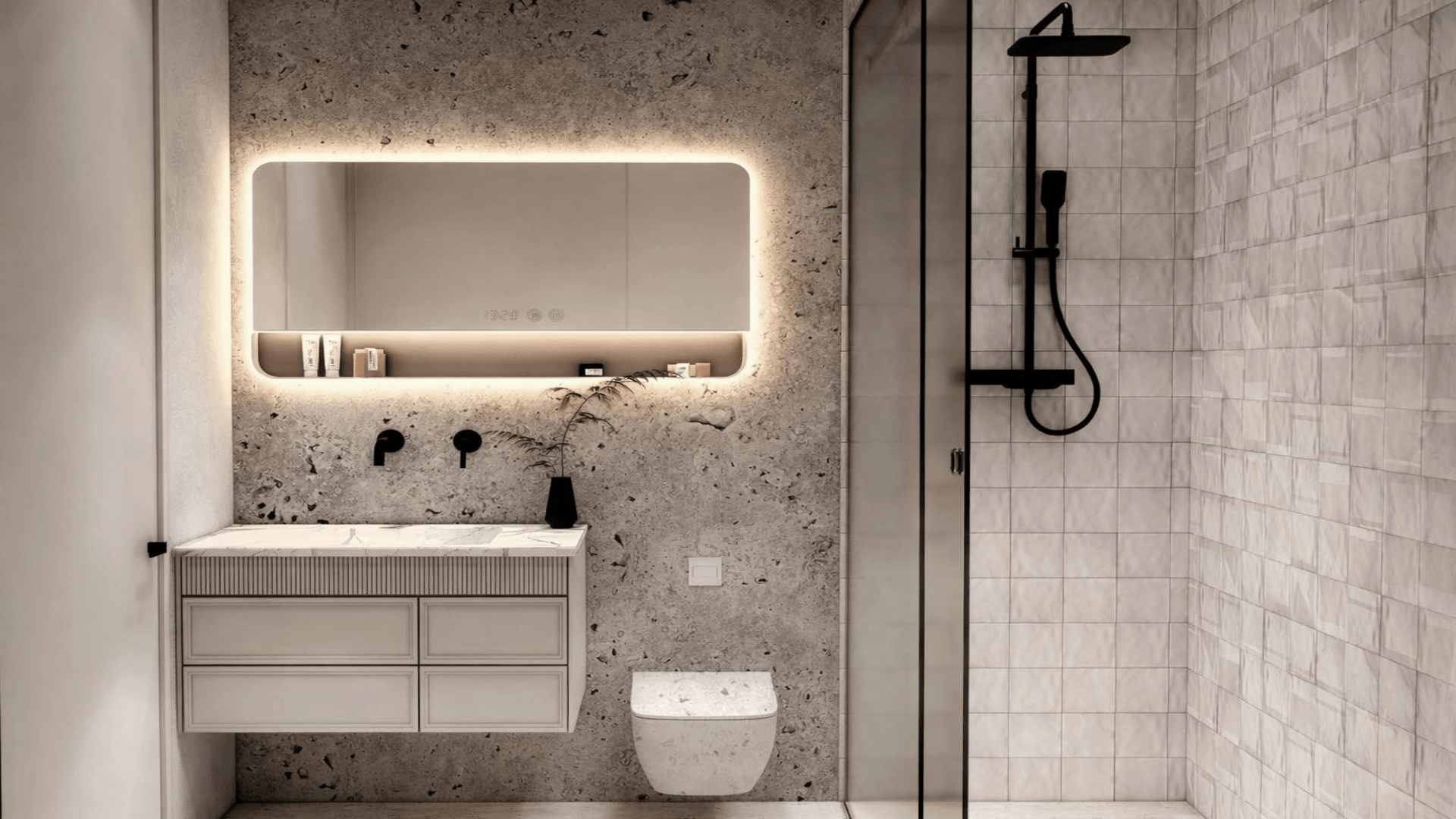 Bathroom with single vanity and shower in L’Aquila Residences Unit 311 Type D condo in Aruba