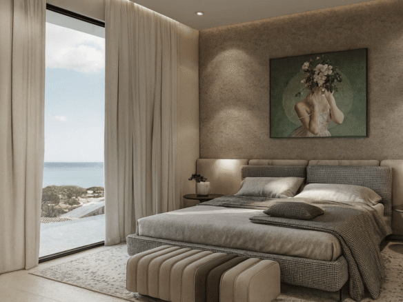 Bedroom with artwork and window view in L’Aquila Residences Unit 311 Type D condo in Aruba