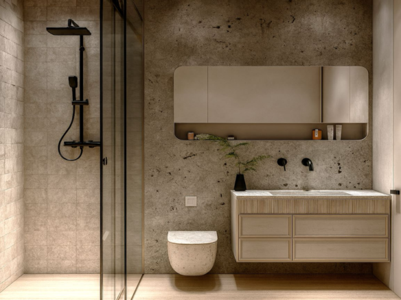Bathroom with vanity and walk-in shower in L’Aquila Residences Unit F condo in Aruba