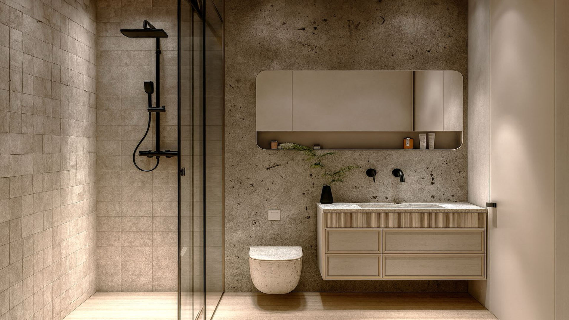 Bathroom with vanity and walk-in shower in L’Aquila Residences Unit F condo in Aruba