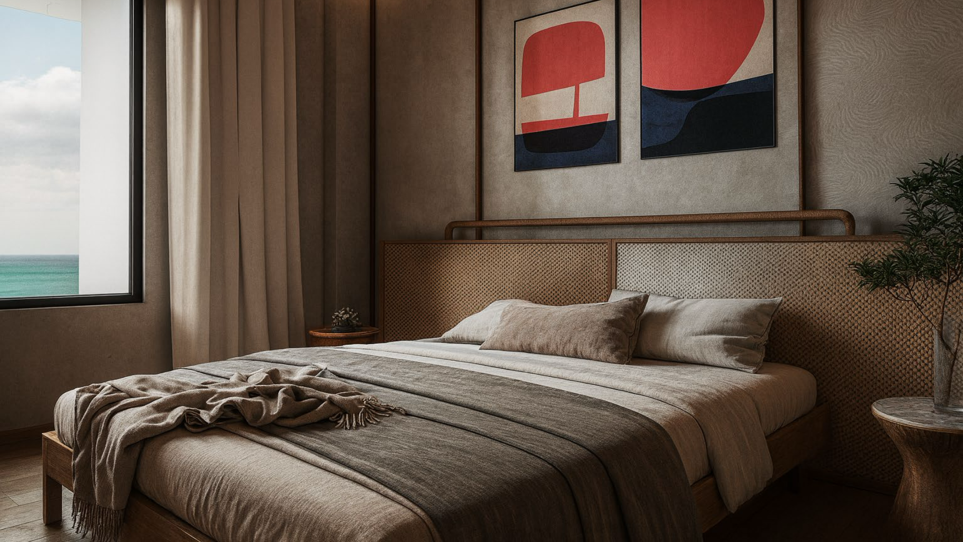 Bedroom with window view in L’Aquila Residences Unit F condo in Aruba