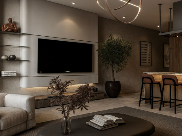 Living room with kitchen bar area in L’Aquila Residences Unit F condo in Aruba
