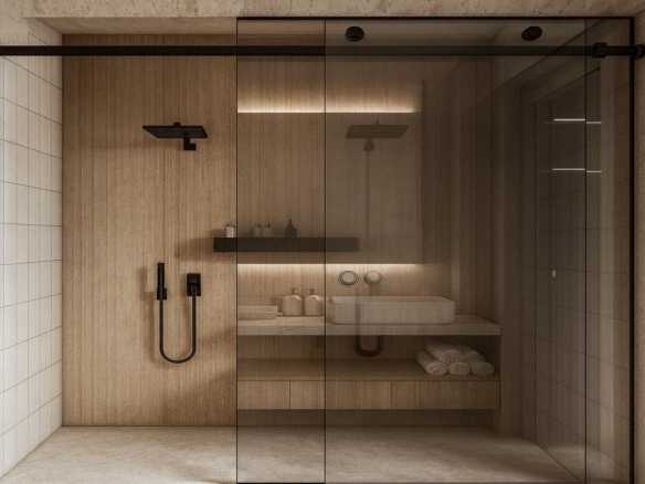 Bathroom with double sink vanity, mirror and modern fixtures in L’Aquila Residences Type A Unit 401, Oranjestad Aruba