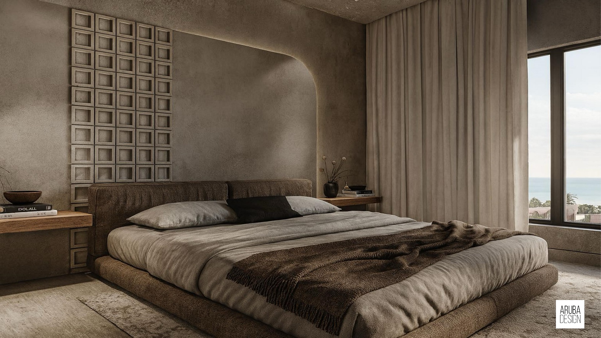 Bedroom with large window and sea view in L’Aquila Residences Type A Unit 401, Oranjestad Aruba