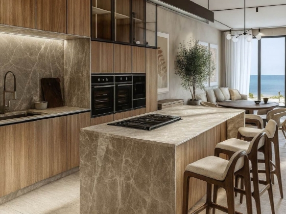 Kitchen and dining area in Type B Unit 403 at L’Aquila Residences Oranjestad Aruba with modern finishes