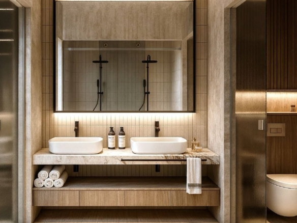 Modern shower area detail in Type B Unit 403 at L’Aquila Residences Oranjestad Aruba