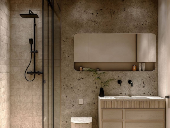 Bathroom vanity with sink, mirror cabinet, and modern fixtures at L’Aquila Residences Type B Unit 503 Aruba