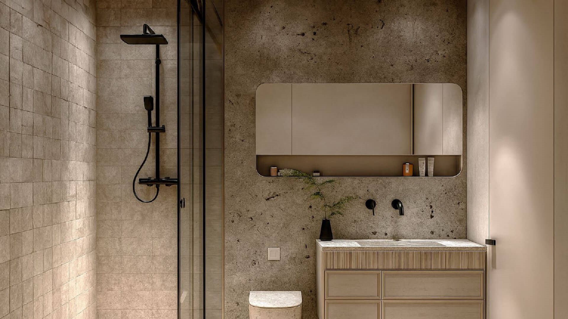Bathroom vanity with sink, mirror cabinet, and modern fixtures at L’Aquila Residences Type B Unit 503 Aruba