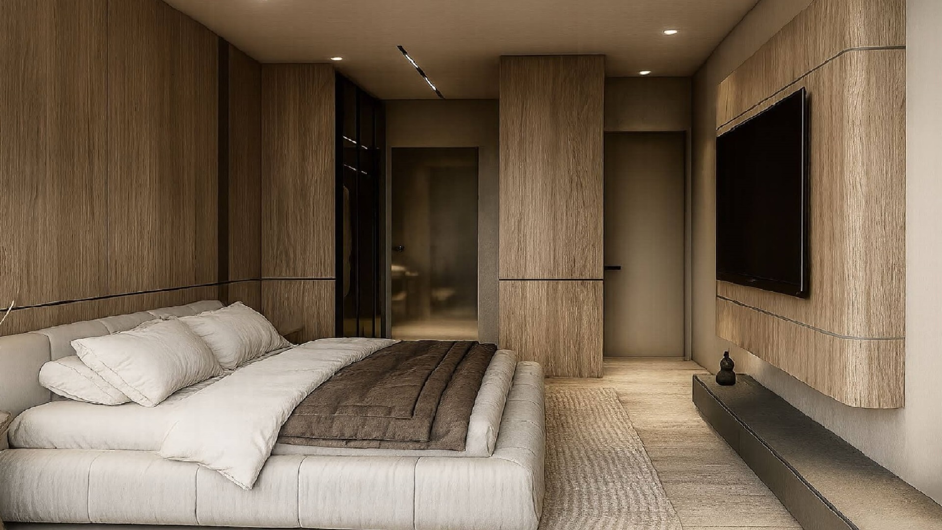 Bedroom interior with bed and wooden finishes in L’Aquila Residences Type B Unit 504 Aruba