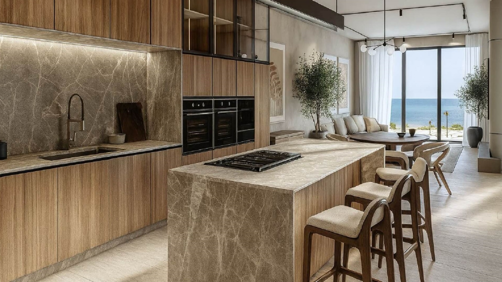 Kitchen and dining area with island in L’Aquila Residences Type B Unit 504 Aruba
