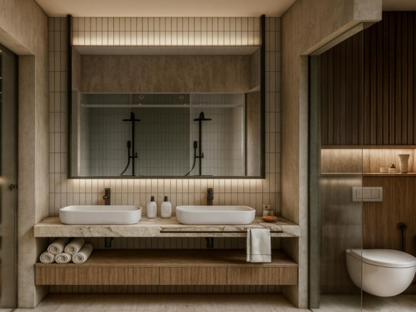 Bathroom vanity with double sinks and shower area in L’Aquila Residences Aruba