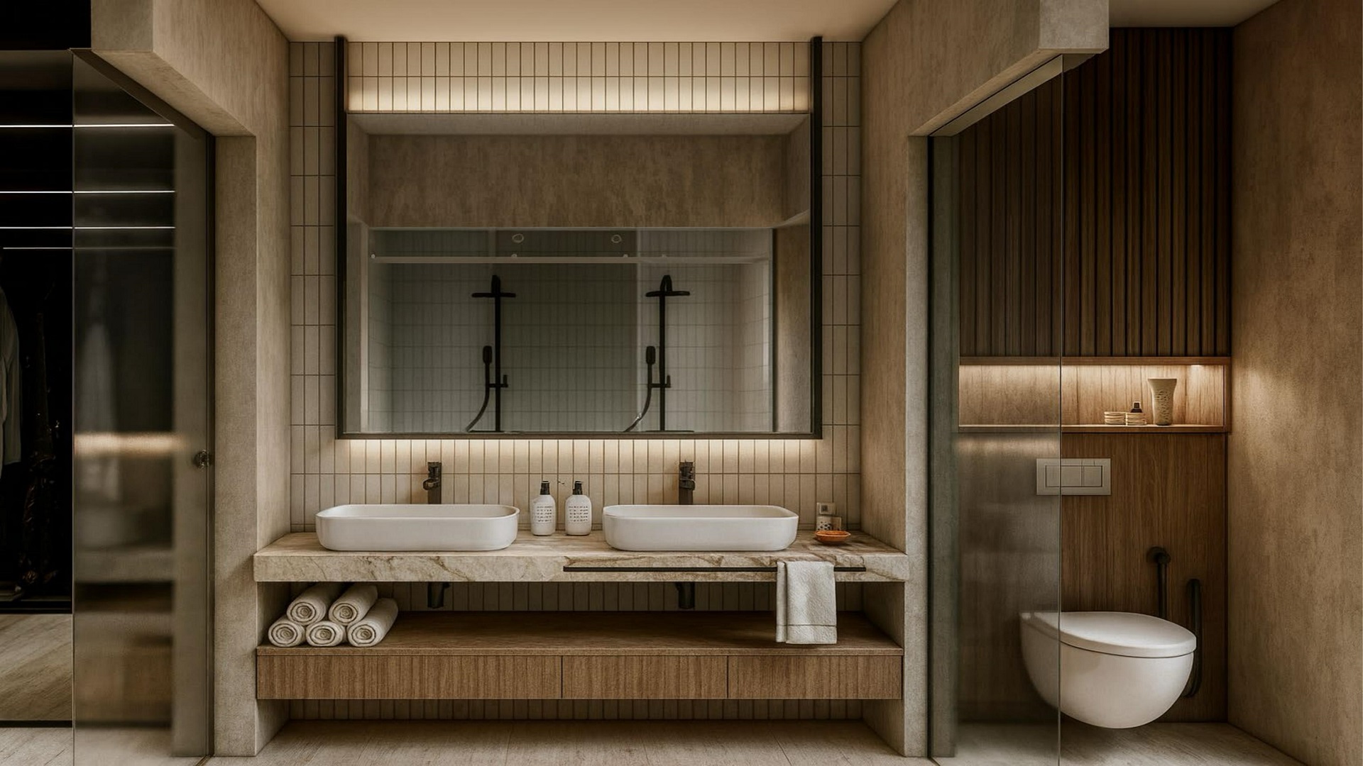 Bathroom vanity with double sinks and shower area in L’Aquila Residences Aruba