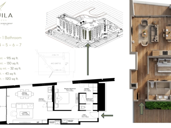 Floor plan layout of L’Aquila Residences Unit G 1 bedroom residence Aruba
