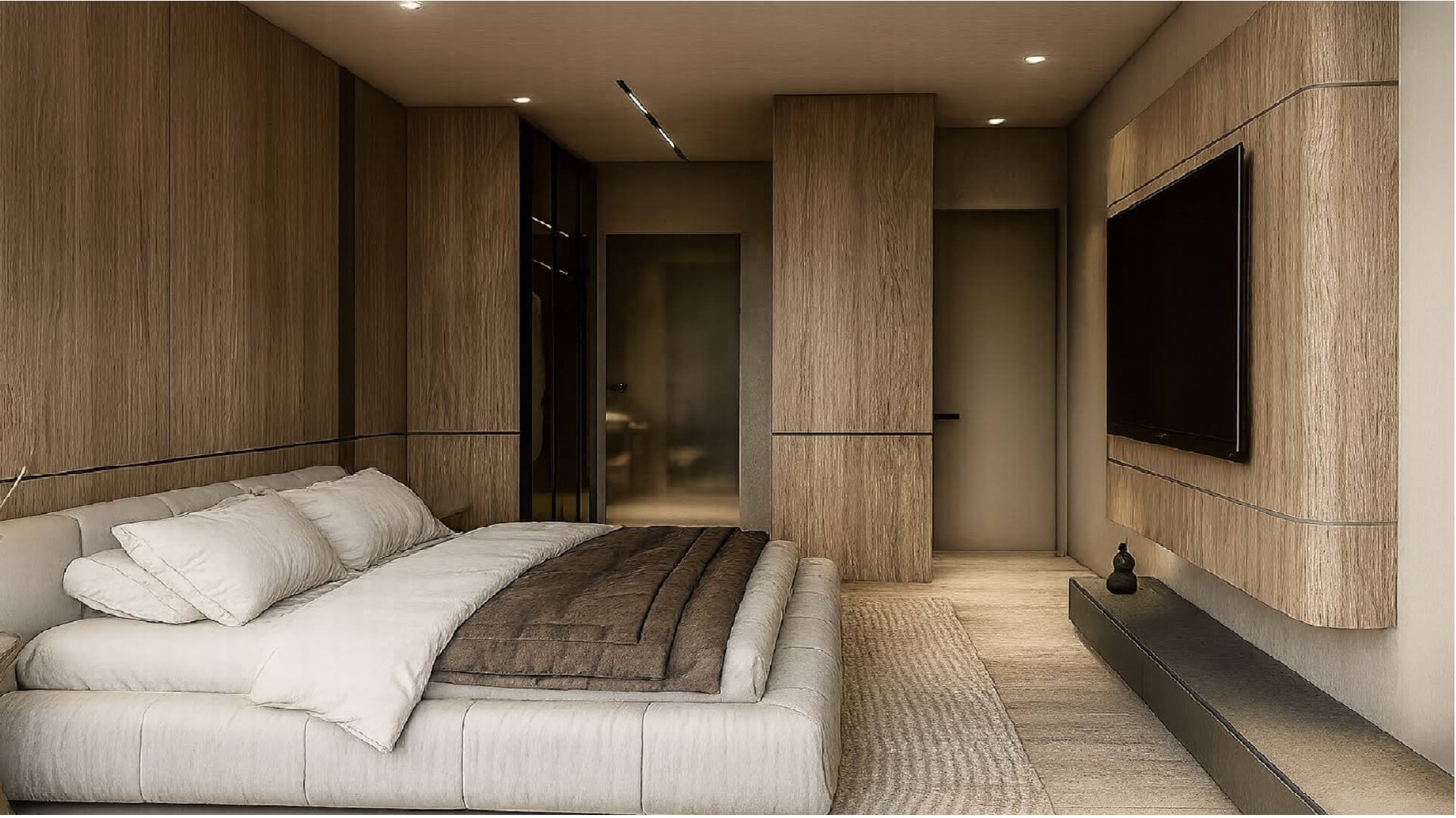 Bedroom interior with bed, built-in wall unit, and modern finishes in L’Aquila Residences Unit 604 Type B Aruba