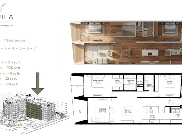 Floor plan layout of L’Aquila Residences Unit 604 Type B showing 2 bedroom 2 bathroom configuration in Aruba