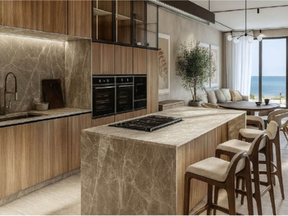 Kitchen and dining area with modern cabinetry and island in L’Aquila Residences Unit 604 Type B Aruba