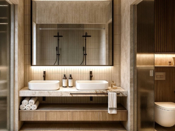 Modern bathroom shower with glass enclosure and dual shower heads in L’Aquila Residences Unit 604 Type B Aruba