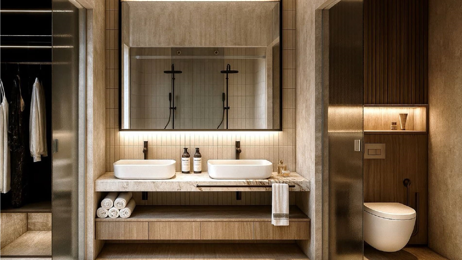 Modern bathroom shower with glass enclosure and dual shower heads in L’Aquila Residences Unit 604 Type B Aruba