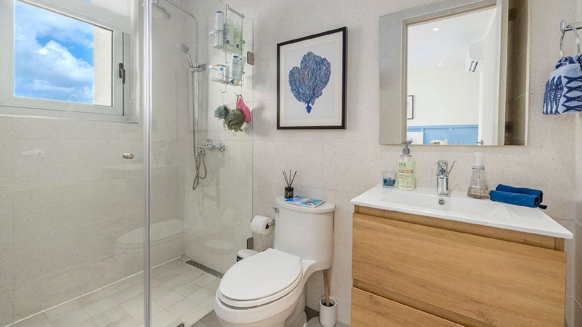 Bathroom in Penthouse PHA at The Reef Residences with single vanity and wood finish in Eagle Beach Aruba