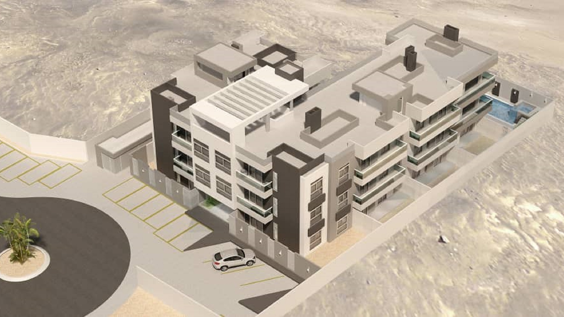 aracari-phase-ii-unit-11-2-bed-condo-aerial-front-view-aruba-real-estate-for-sale Front aerial rendering of Aracari Phase II condominiums with roundabout entrance in Aruba