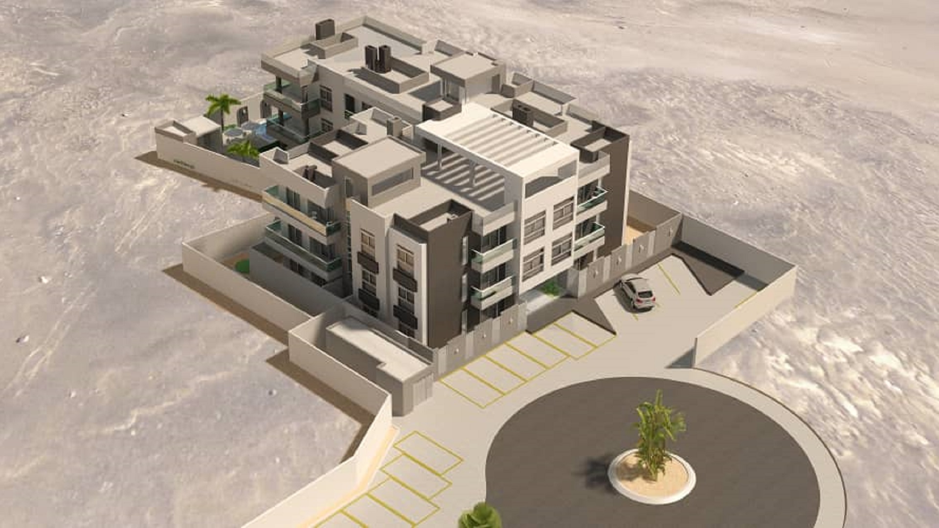 Aerial rendering showing pool area and residential buildings at Aracari Phase II condominiums in Aruba.