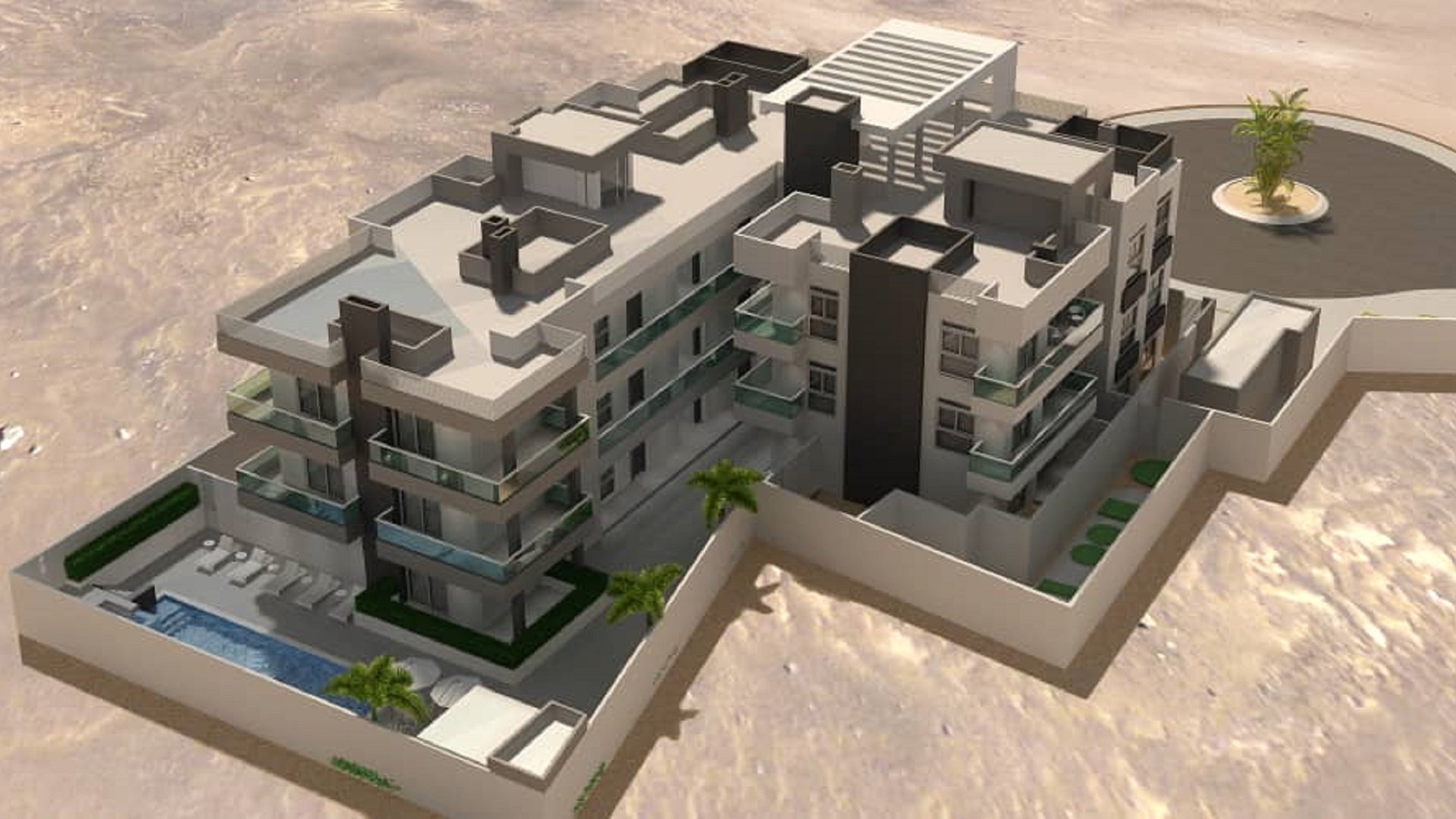 Front exterior rendering of Aracari Phase II condominium building with balconies in Aruba
