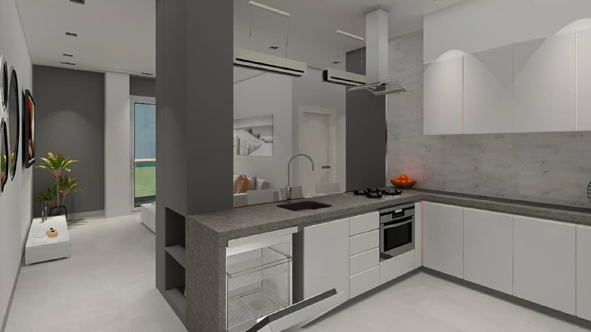 Modern kitchen with white cabinetry and gray countertops connected to the living area in Aracari Phase II Unit 11 Aruba