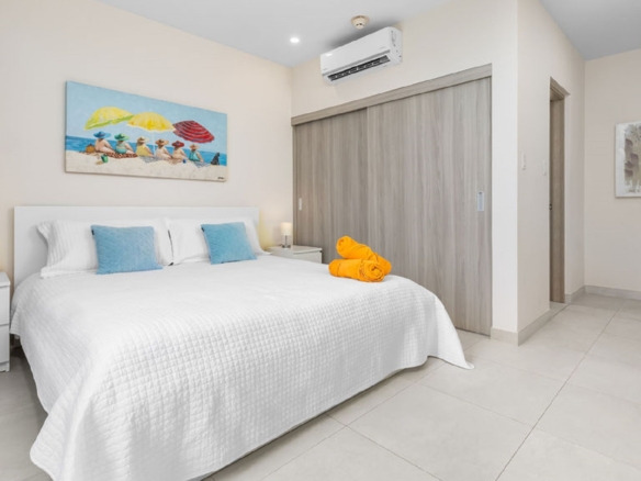 Bedroom interior at Aracari Phase II Unit 13 in Aruba featuring a king bed, artwork, and built-in closet