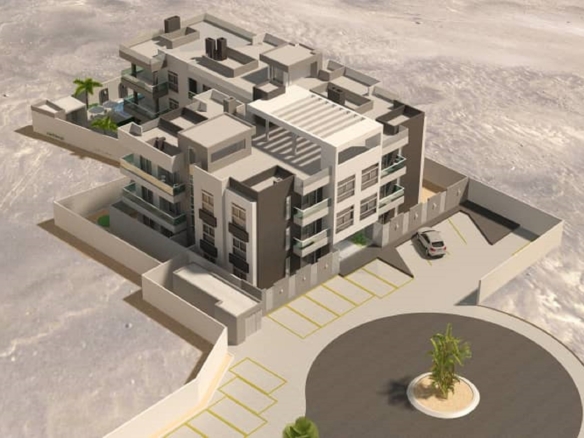 Aerial rendering showing pool area and residential buildings at Aracari Phase II condominiums in Aruba.