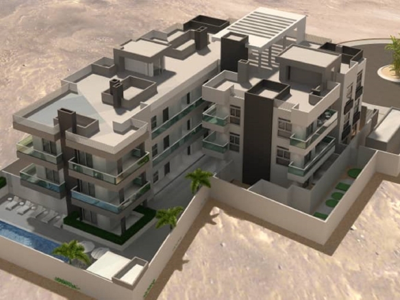 Front exterior rendering of Aracari Phase II condominium building with balconies in Aruba.