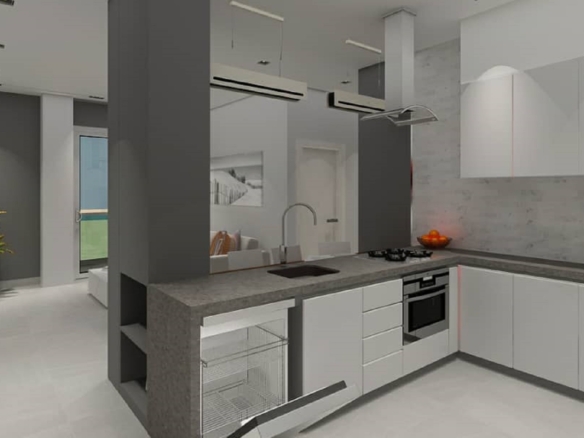 kitchen with white cabinetry and gray countertops connected to the living area in Aracari Phase II Unit 4 Aruba