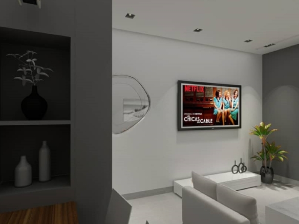 Modern condominium living room with accent shelving wall and mounted television in Aracari Phase II Unit 4 Aruba