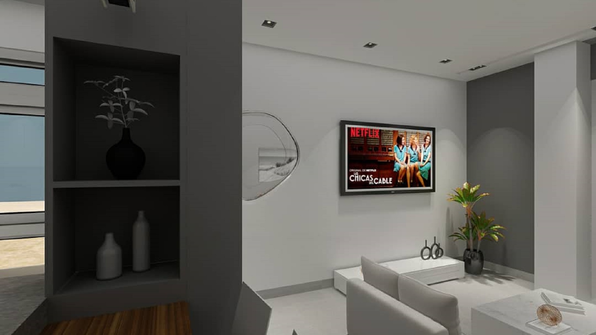 Modern condominium living room with accent shelving wall and mounted television in Aracari Phase II Unit 4 Aruba