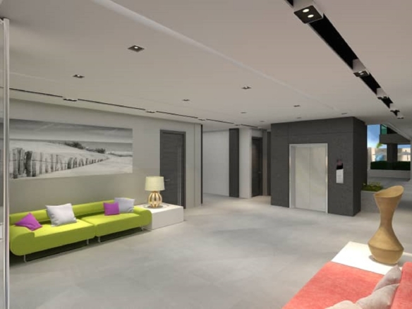 Lobby and elevator area with seating and modern finishes at Aracari Phase II Unit 4, 2 bed condo in Aruba
