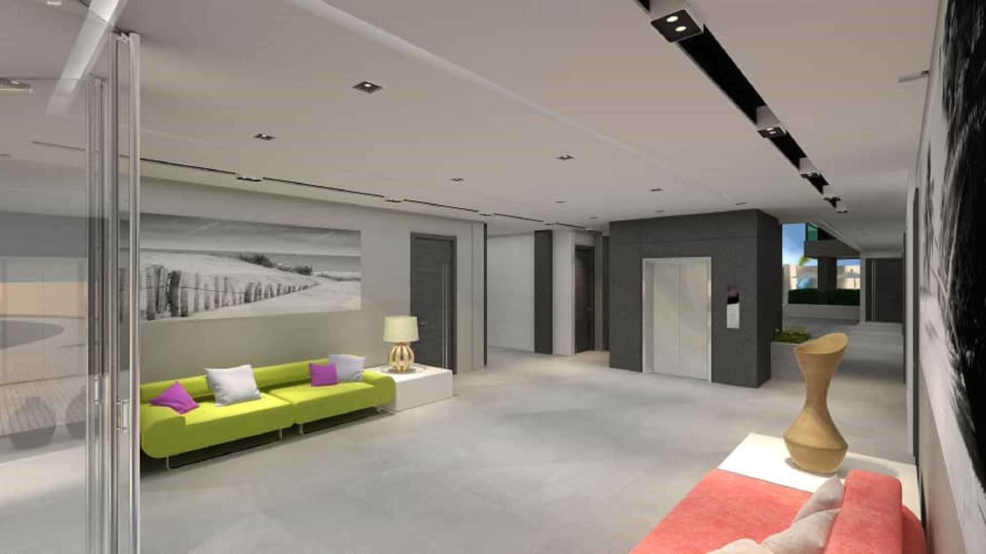 Lobby and elevator area with seating and modern finishes at Aracari Phase II Unit 4, 2 bed condo in Aruba