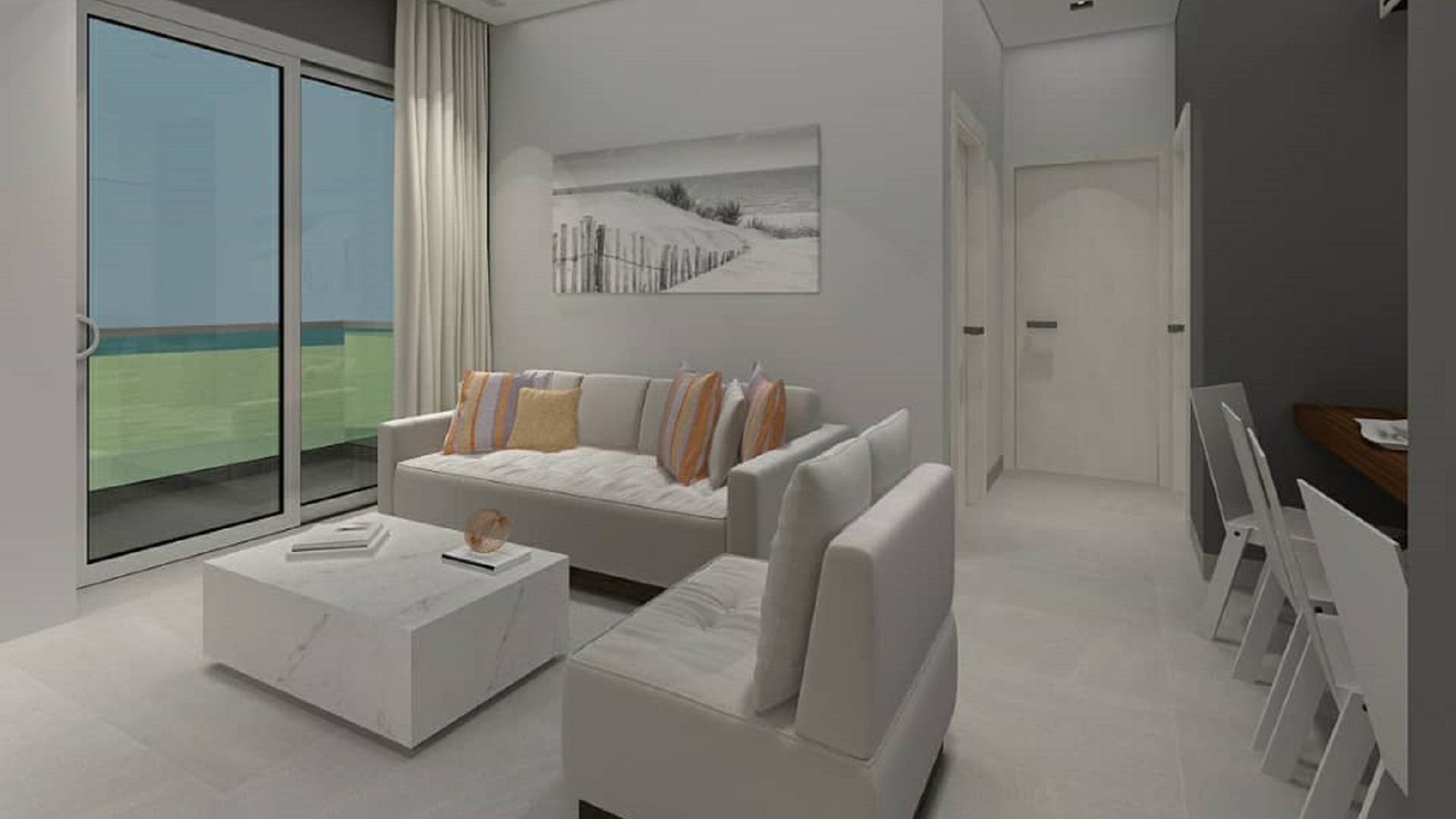 Bright living room with white sofa seating and balcony access in Aracari Phase II Unit 4 2-bedroom condominium in Aruba
