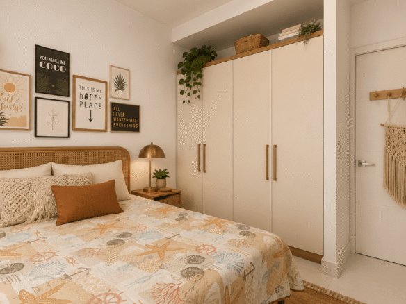 Staged bedroom with decorative wall art at Aruba’s Life Garden 2 bedroom condo in Aruba