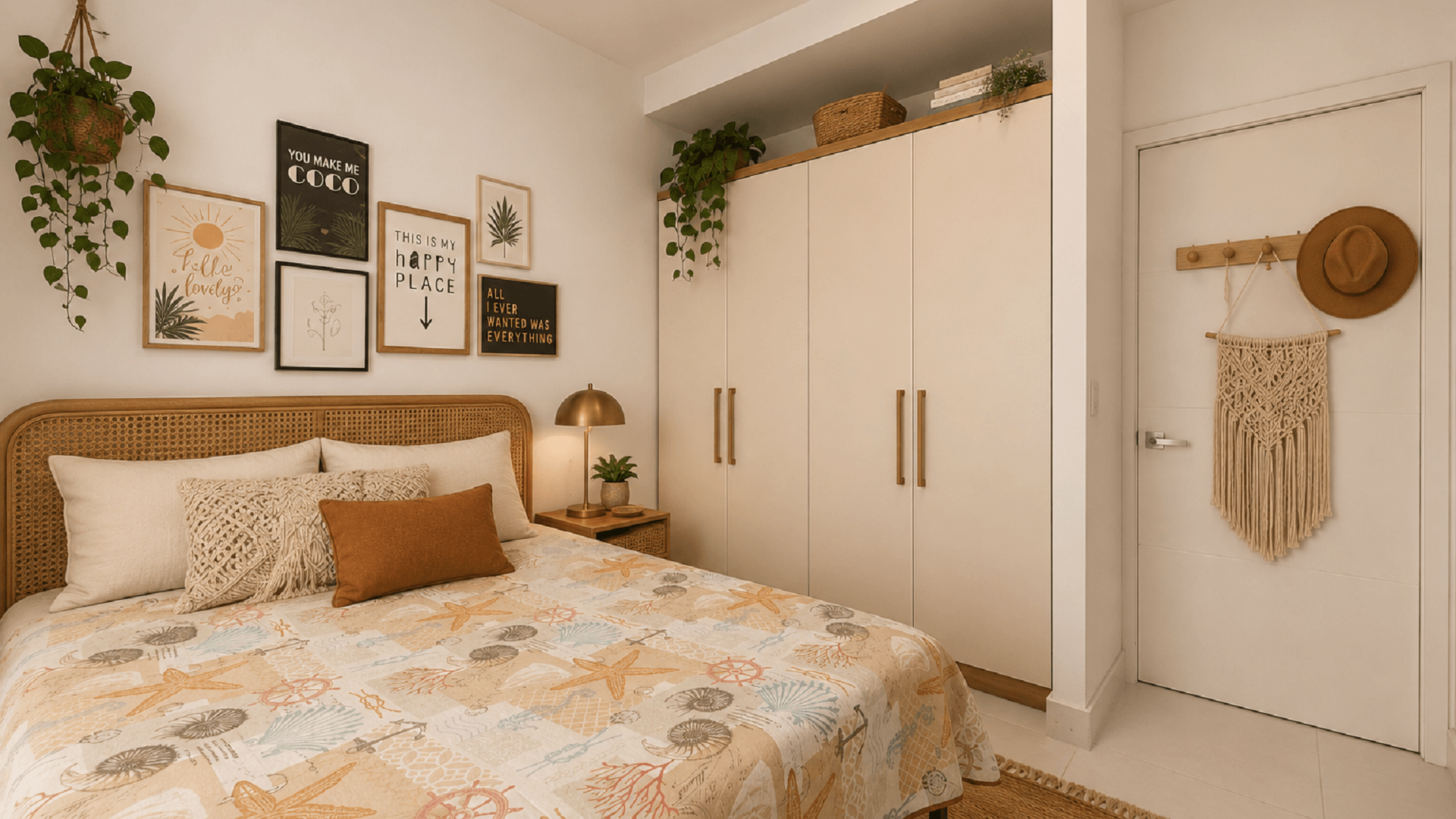 Staged bedroom with decorative wall art at Aruba’s Life Garden 2 bedroom condo in Aruba