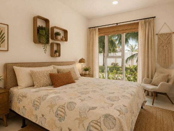 Bright staged bedroom with window view at Aruba’s Life Garden 2 bedroom condo