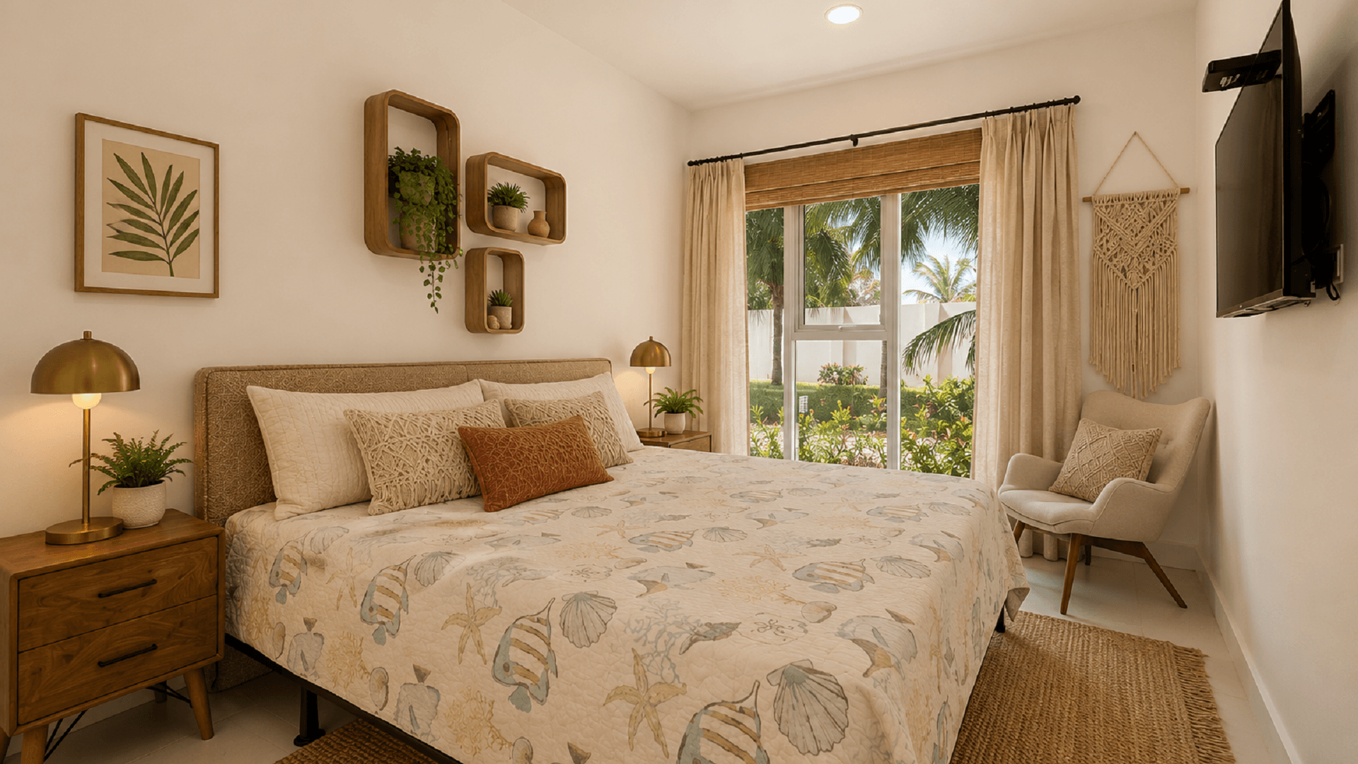 Bright staged bedroom with window view at Aruba’s Life Garden 2 bedroom condo